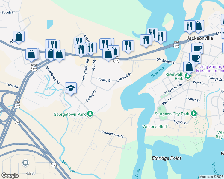 map of restaurants, bars, coffee shops, grocery stores, and more near 325 Leonard Street in Jacksonville
