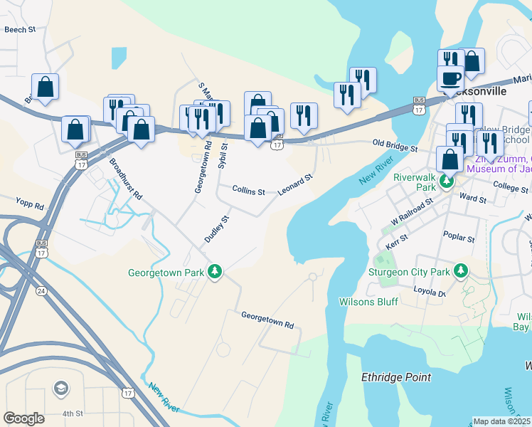 map of restaurants, bars, coffee shops, grocery stores, and more near 325 Leonard Street in Jacksonville