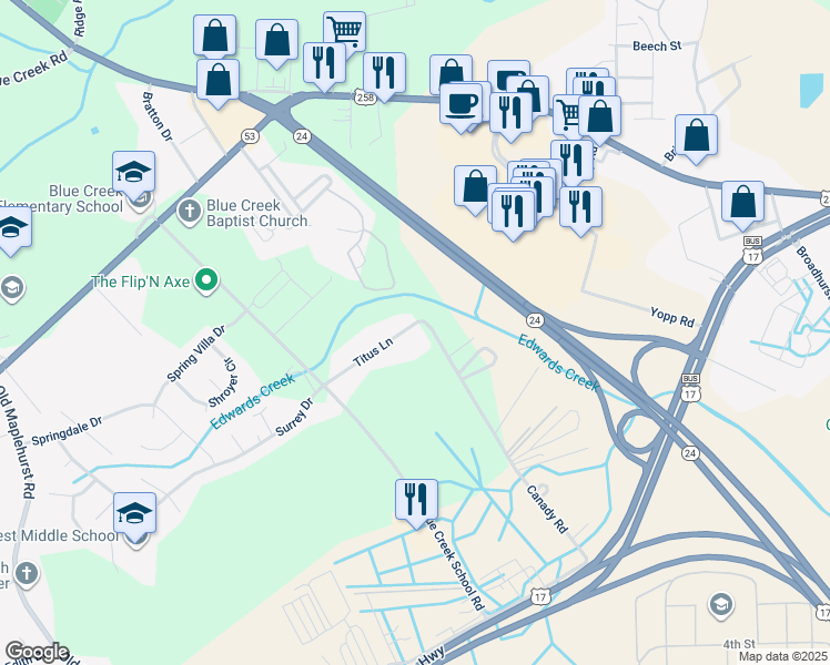 map of restaurants, bars, coffee shops, grocery stores, and more near 1239 Titus Lane in Jacksonville