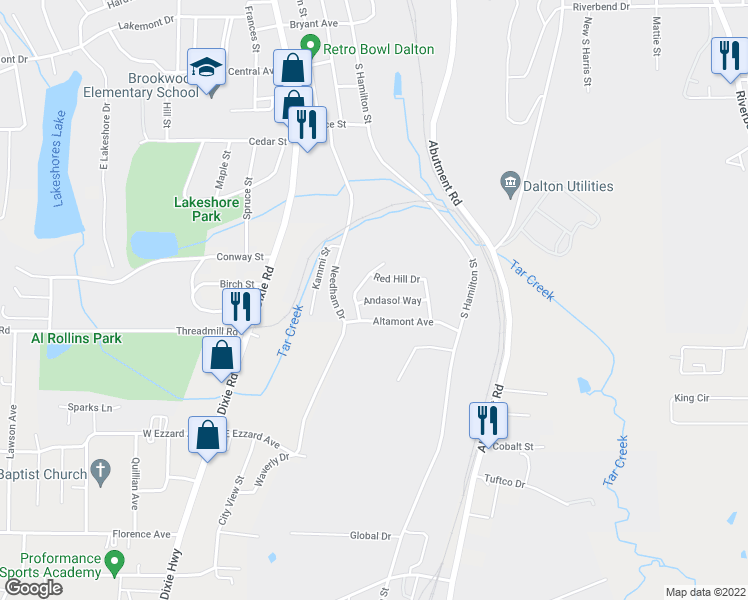 map of restaurants, bars, coffee shops, grocery stores, and more near 126 Andasol Way in Dalton
