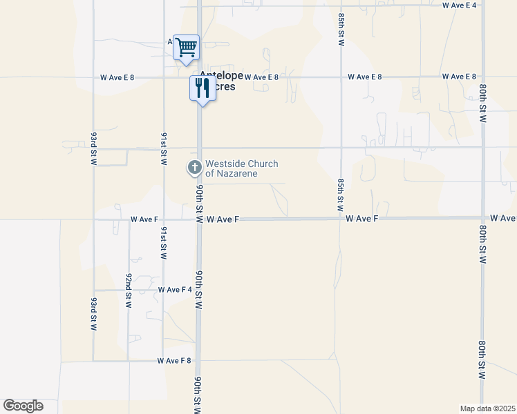 map of restaurants, bars, coffee shops, grocery stores, and more near 8717 West Avenue F in Lancaster