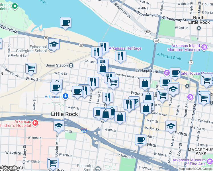 map of restaurants, bars, coffee shops, grocery stores, and more near 938 West 3rd Street in Little Rock
