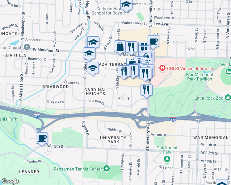 map of restaurants, bars, coffee shops, grocery stores, and more near 517 Chickadee Drive in Little Rock