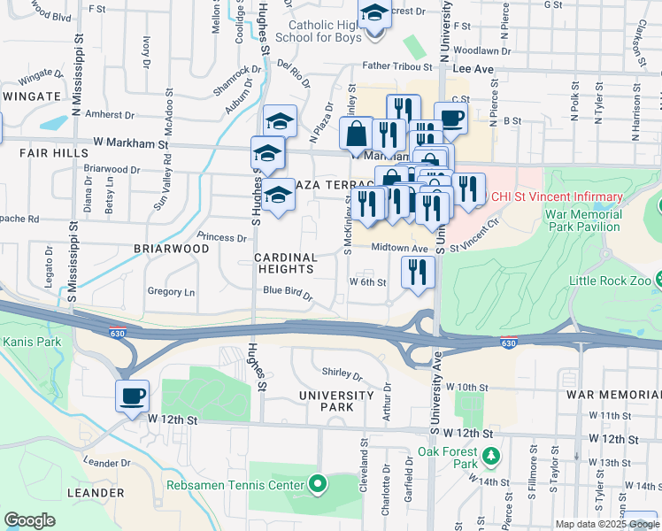 map of restaurants, bars, coffee shops, grocery stores, and more near 517 Chickadee Drive in Little Rock