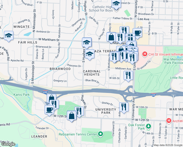 map of restaurants, bars, coffee shops, grocery stores, and more near 6701 Sandpiper Drive in Little Rock