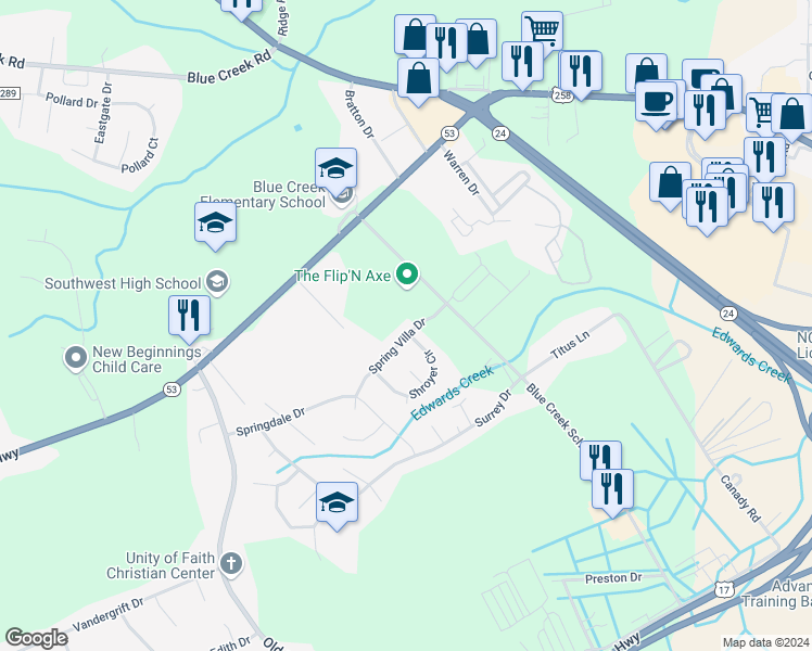 map of restaurants, bars, coffee shops, grocery stores, and more near 1047 Spring Villa Drive in Jacksonville
