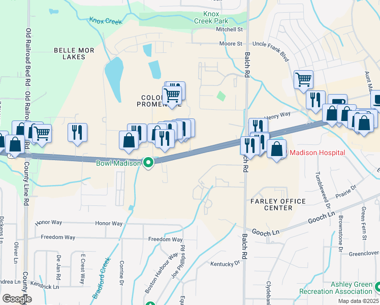 map of restaurants, bars, coffee shops, grocery stores, and more near 8580 Highway 72 West in Madison