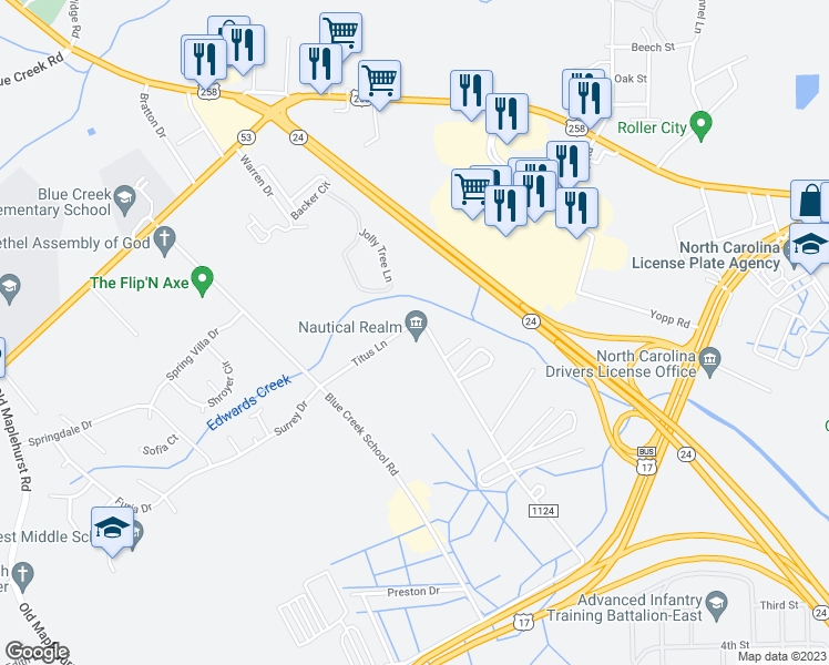 map of restaurants, bars, coffee shops, grocery stores, and more near 1239 Titus Lane in Jacksonville