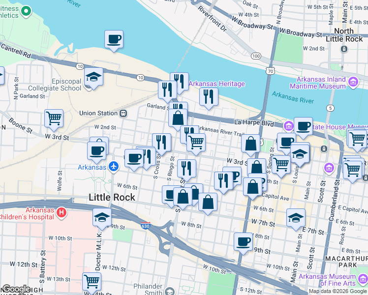 map of restaurants, bars, coffee shops, grocery stores, and more near 1010 West 3rd Street in Little Rock
