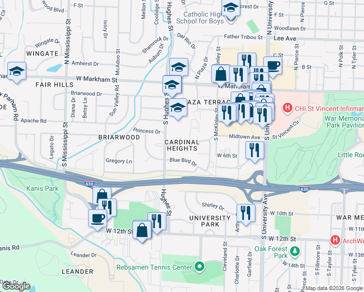 map of restaurants, bars, coffee shops, grocery stores, and more near 6701 Sandpiper Drive in Little Rock