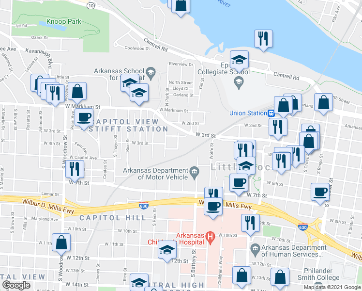 map of restaurants, bars, coffee shops, grocery stores, and more near 321 South Schiller Street in Little Rock