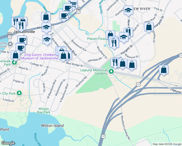 map of restaurants, bars, coffee shops, grocery stores, and more near 308 Stratford Road in Jacksonville