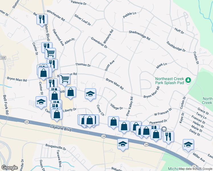 map of restaurants, bars, coffee shops, grocery stores, and more near 133 Village Circle in Jacksonville