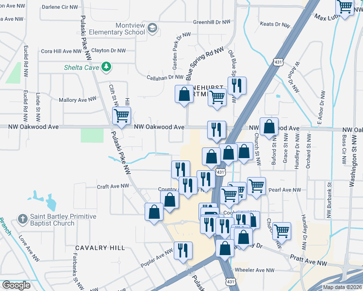 map of restaurants, bars, coffee shops, grocery stores, and more near 1902 Bluebird Avenue Northwest in Huntsville