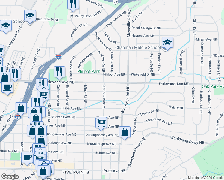 map of restaurants, bars, coffee shops, grocery stores, and more near 1528 Mckinley Avenue Northeast in Huntsville