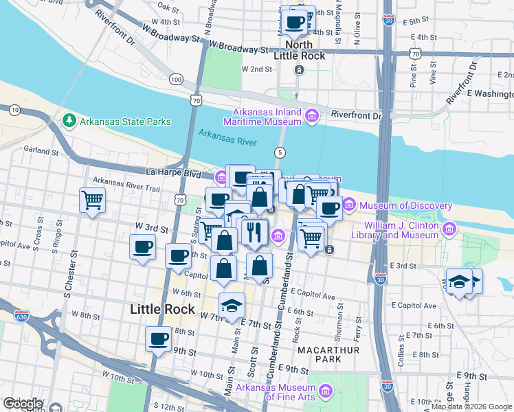 map of restaurants, bars, coffee shops, grocery stores, and more near 121s South Louisiana Street in Little Rock