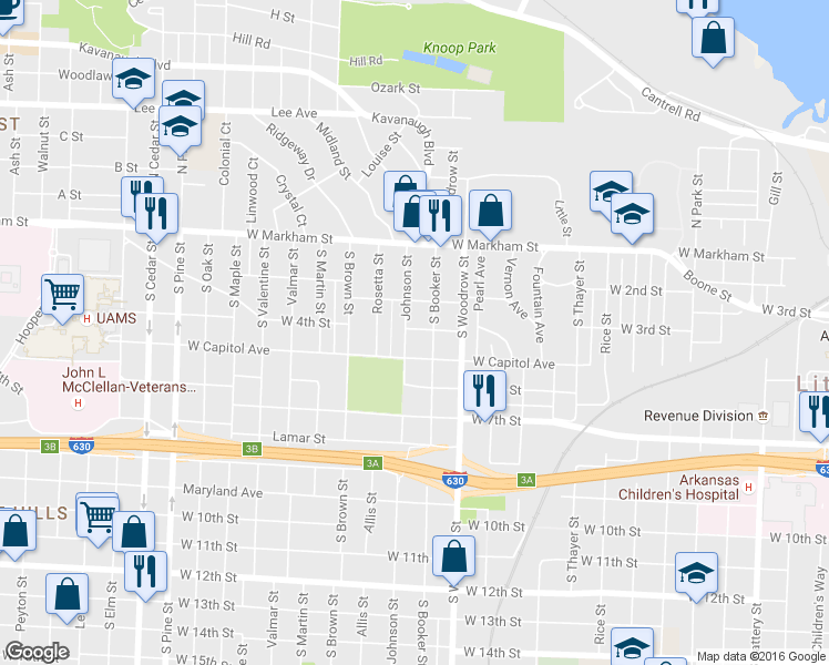map of restaurants, bars, coffee shops, grocery stores, and more near 3020 West Capitol Avenue in Little Rock