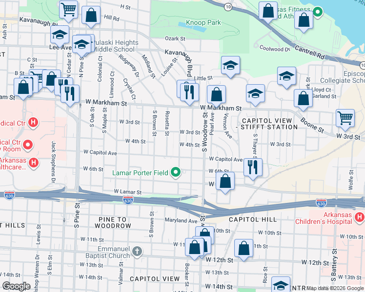 map of restaurants, bars, coffee shops, grocery stores, and more near 3020 West Capitol Avenue in Little Rock