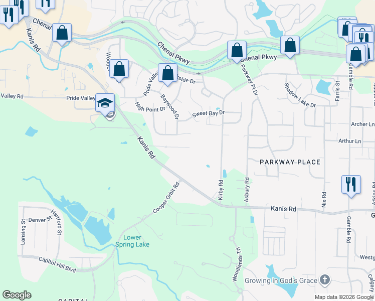 map of restaurants, bars, coffee shops, grocery stores, and more near 14220 Kanis Road in Little Rock