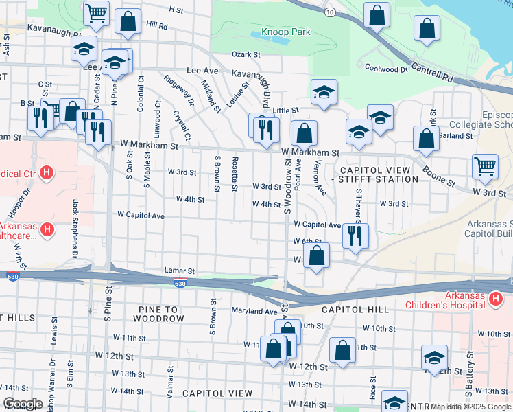 map of restaurants, bars, coffee shops, grocery stores, and more near 401 Johnson Street in Little Rock