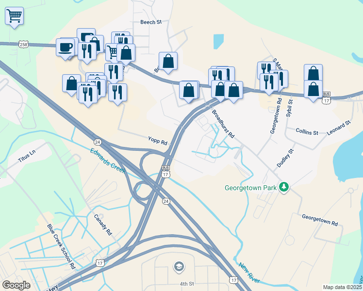 map of restaurants, bars, coffee shops, grocery stores, and more near 255 Wilmington Highway in Jacksonville