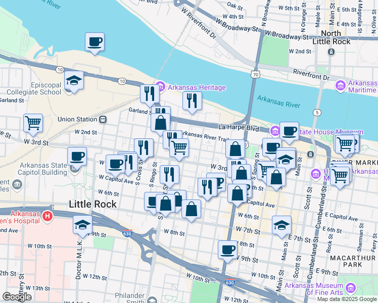 map of restaurants, bars, coffee shops, grocery stores, and more near 201 South Izard Street in Little Rock