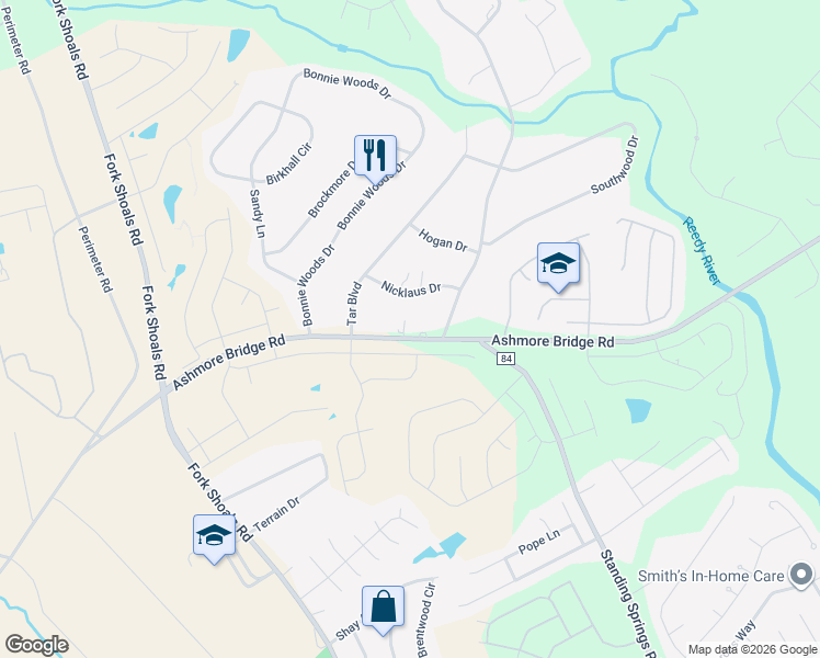 map of restaurants, bars, coffee shops, grocery stores, and more near 928 Ashmore Bridge Road in Greenville