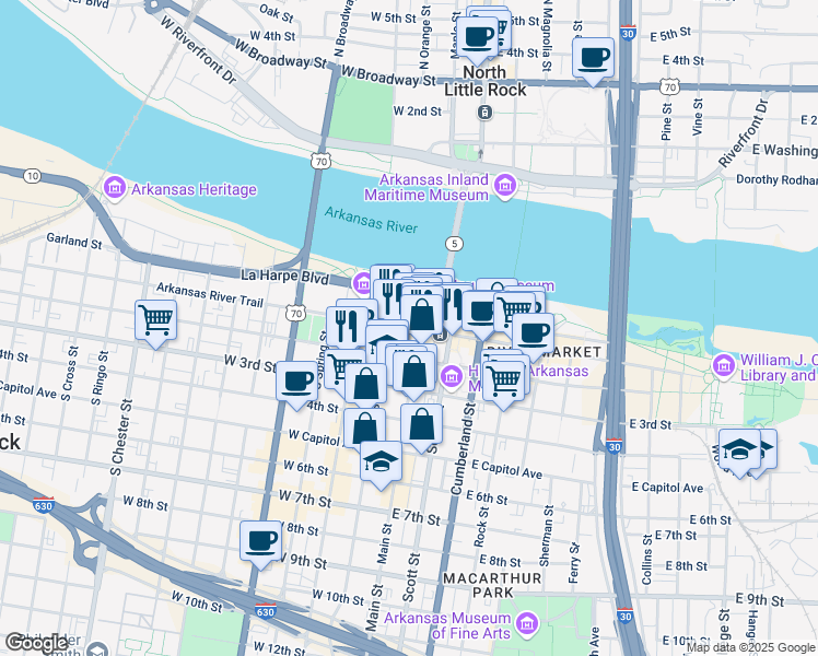 map of restaurants, bars, coffee shops, grocery stores, and more near 117 West Markham Street in Little Rock