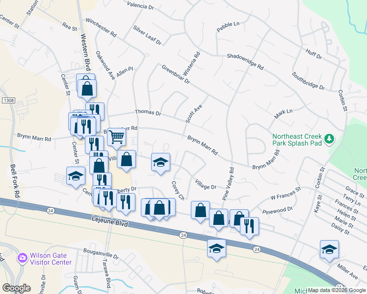 map of restaurants, bars, coffee shops, grocery stores, and more near 111 Village Drive in Jacksonville