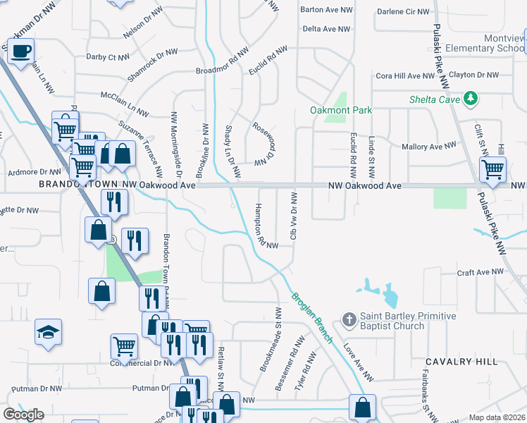 map of restaurants, bars, coffee shops, grocery stores, and more near 1623 Hampton Road Northwest in Huntsville