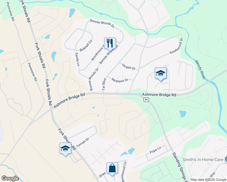 map of restaurants, bars, coffee shops, grocery stores, and more near 932 Ashmore Bridge Road in Greenville