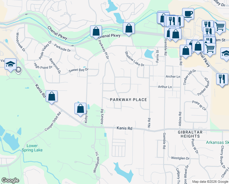 map of restaurants, bars, coffee shops, grocery stores, and more near 720 Parkway Place Drive in Little Rock