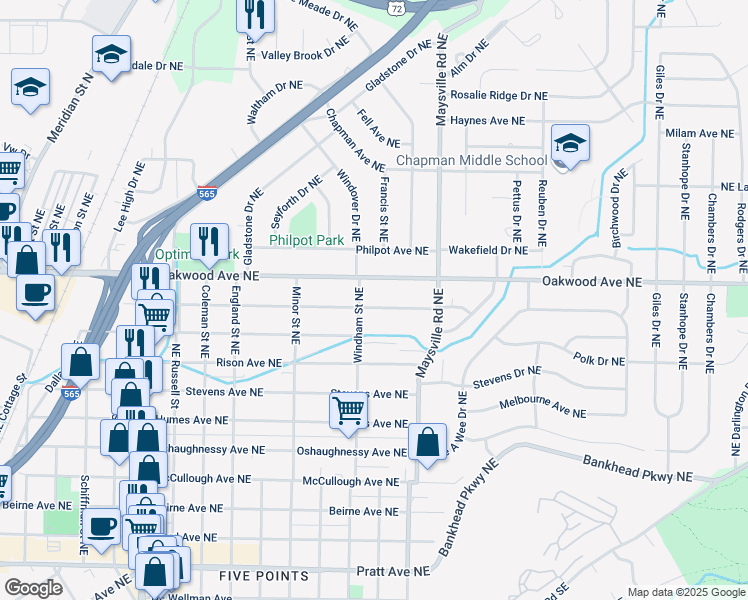 map of restaurants, bars, coffee shops, grocery stores, and more near 1528 Mckinley Avenue Northeast in Huntsville