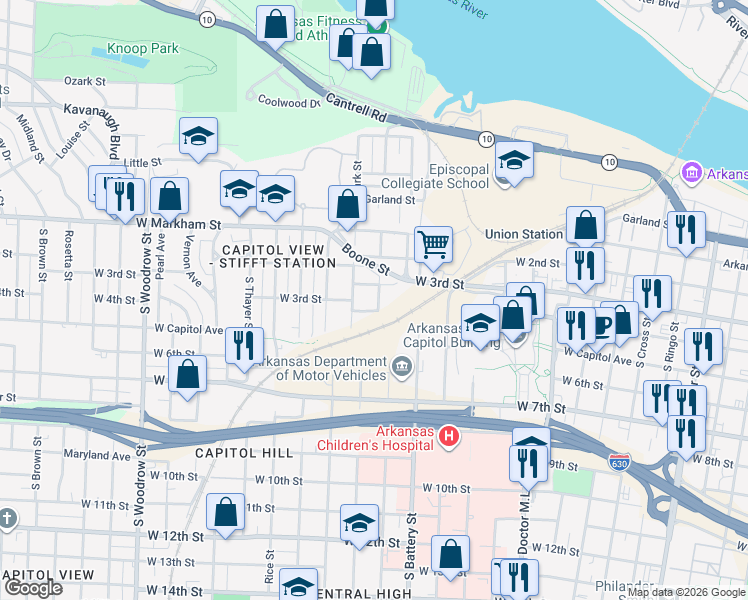 map of restaurants, bars, coffee shops, grocery stores, and more near 321 South Schiller Street in Little Rock