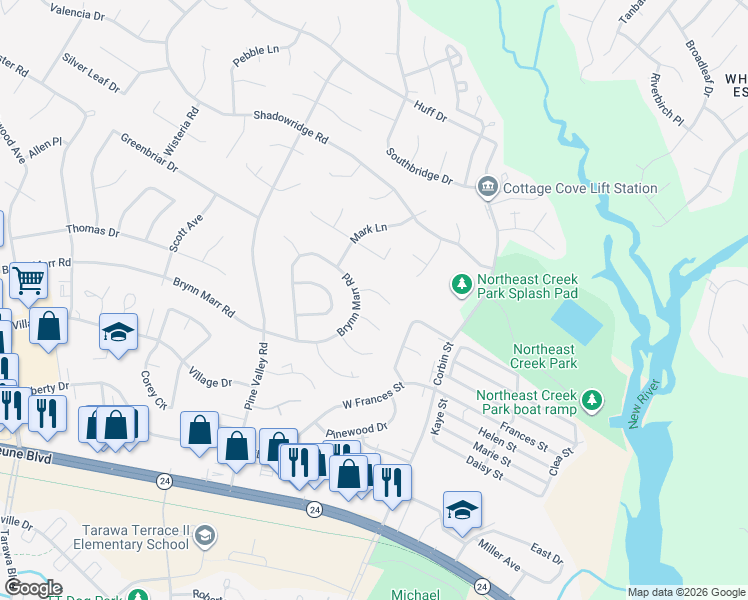 map of restaurants, bars, coffee shops, grocery stores, and more near 104 Eastview Court in Jacksonville