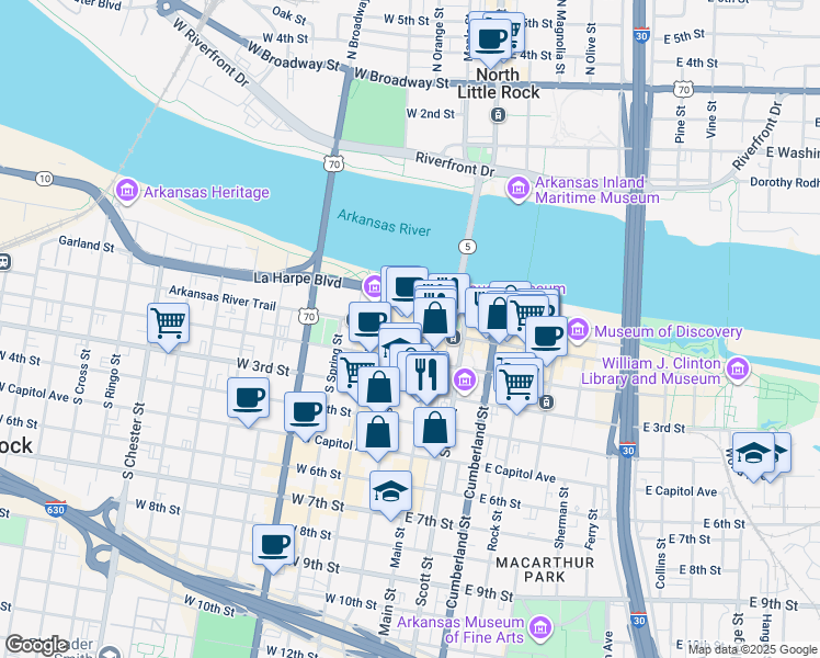 map of restaurants, bars, coffee shops, grocery stores, and more near 117 West Markham Street in Little Rock