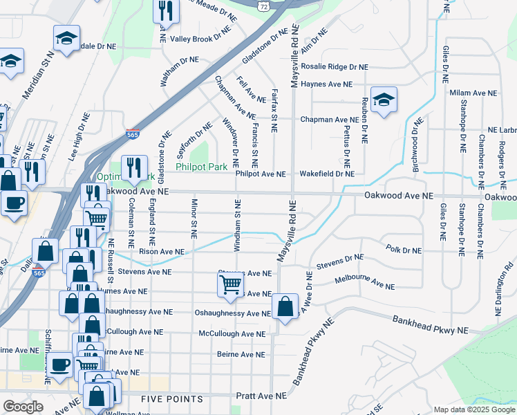 map of restaurants, bars, coffee shops, grocery stores, and more near 1528 Mckinley Avenue Northeast in Huntsville