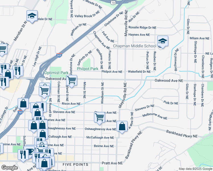 map of restaurants, bars, coffee shops, grocery stores, and more near 1528 Mckinley Avenue Northeast in Huntsville