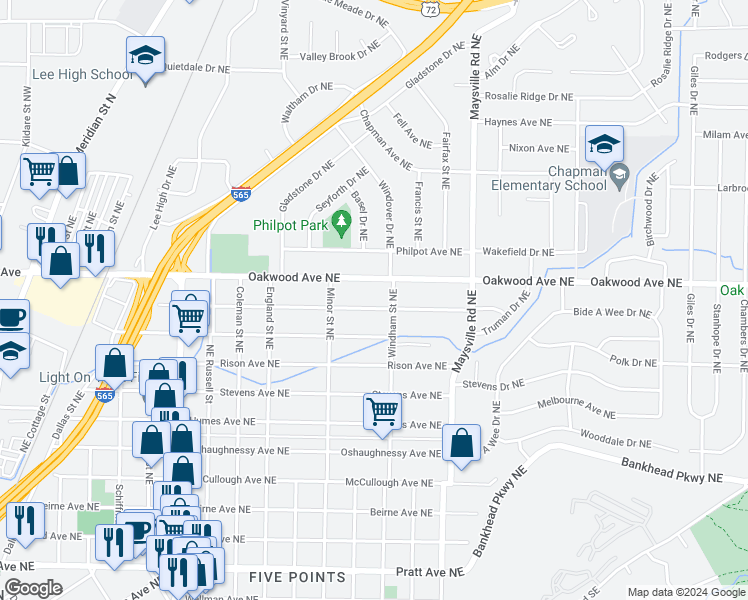 map of restaurants, bars, coffee shops, grocery stores, and more near 1432 Mckinley Avenue Northeast in Huntsville