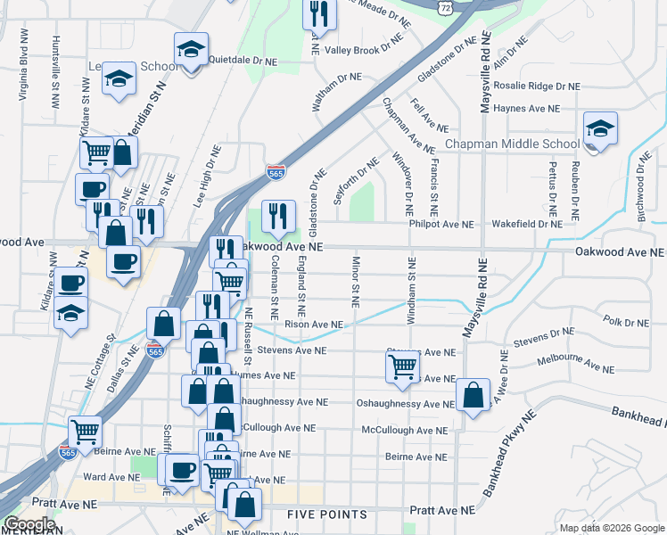 map of restaurants, bars, coffee shops, grocery stores, and more near 1216 Mckinley Avenue Northeast in Huntsville