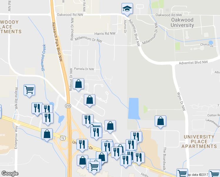 map of restaurants, bars, coffee shops, grocery stores, and more near 6507 Willow Springs Boulevard Northwest in Huntsville