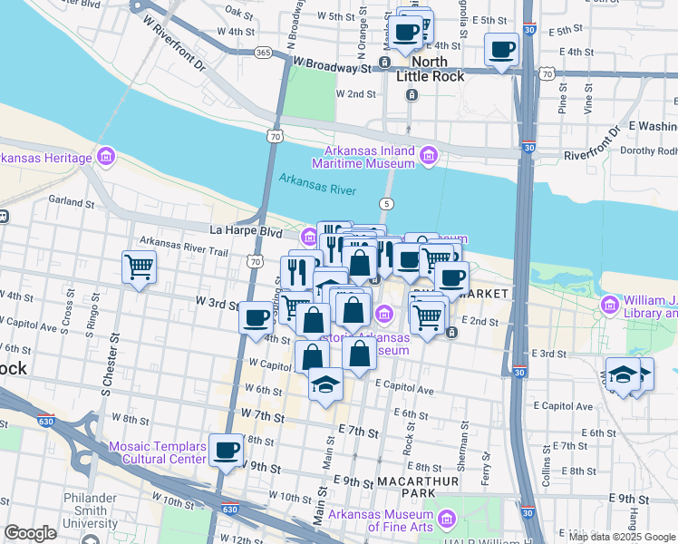 map of restaurants, bars, coffee shops, grocery stores, and more near 121s South Louisiana Street in Little Rock