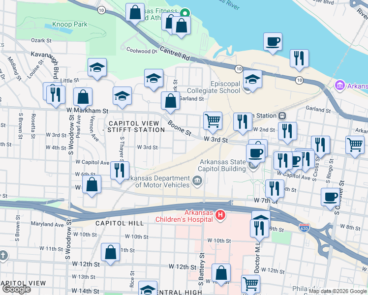 map of restaurants, bars, coffee shops, grocery stores, and more near 321 South Schiller Street in Little Rock
