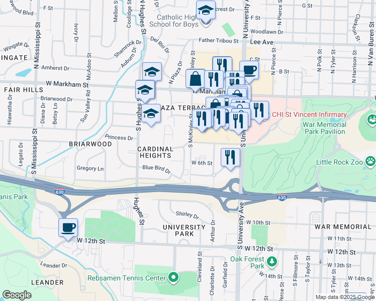 map of restaurants, bars, coffee shops, grocery stores, and more near 517 Chickadee Drive in Little Rock