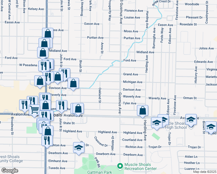 map of restaurants, bars, coffee shops, grocery stores, and more near 917 Waverly Avenue in Muscle Shoals