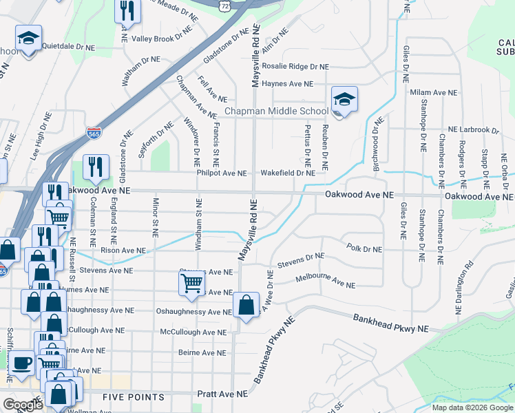 map of restaurants, bars, coffee shops, grocery stores, and more near 1705 Truman Drive Northeast in Huntsville