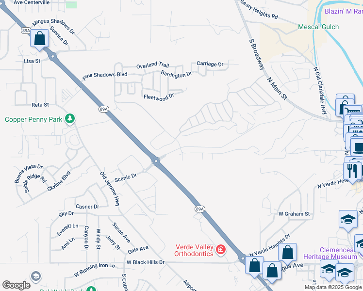 map of restaurants, bars, coffee shops, grocery stores, and more near 1289 Groseta Ranch Road in Cottonwood