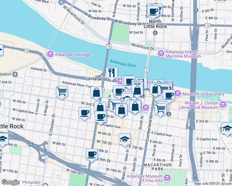 map of restaurants, bars, coffee shops, grocery stores, and more near 300 West Markham Street in Little Rock