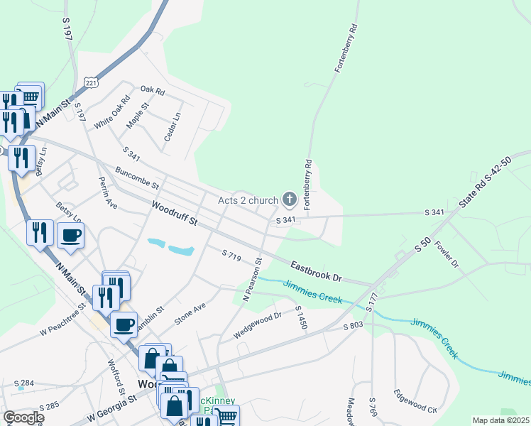 map of restaurants, bars, coffee shops, grocery stores, and more near 212 Park Street in Woodruff