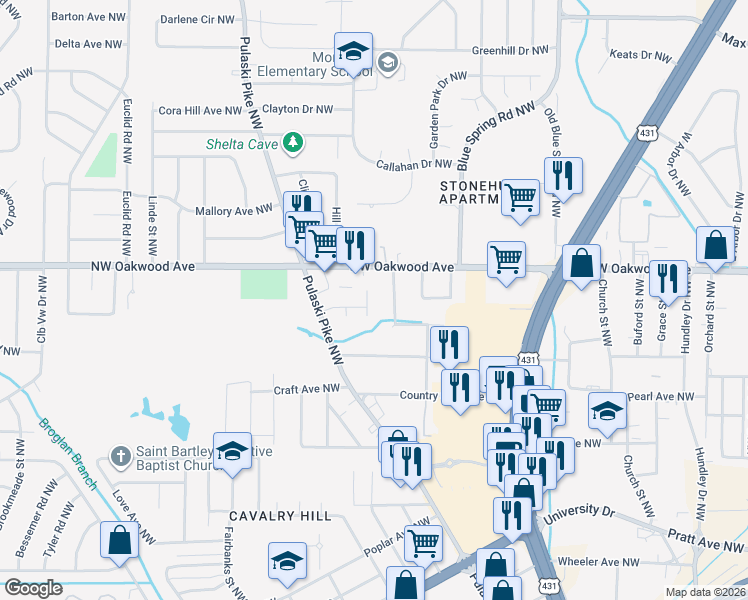 map of restaurants, bars, coffee shops, grocery stores, and more near 2409 Oakwood Avenue Northwest in Huntsville